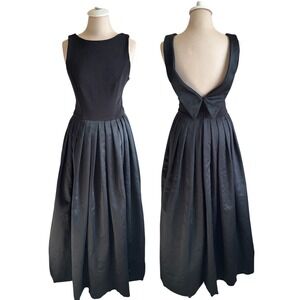 Vtg Cache Black Maxi Dress Gown Low Back Bow Detail Pleated Skirt Formal Sz S